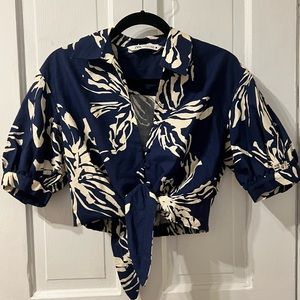 Zara Navy & White Collared Tropical Crop Blouse